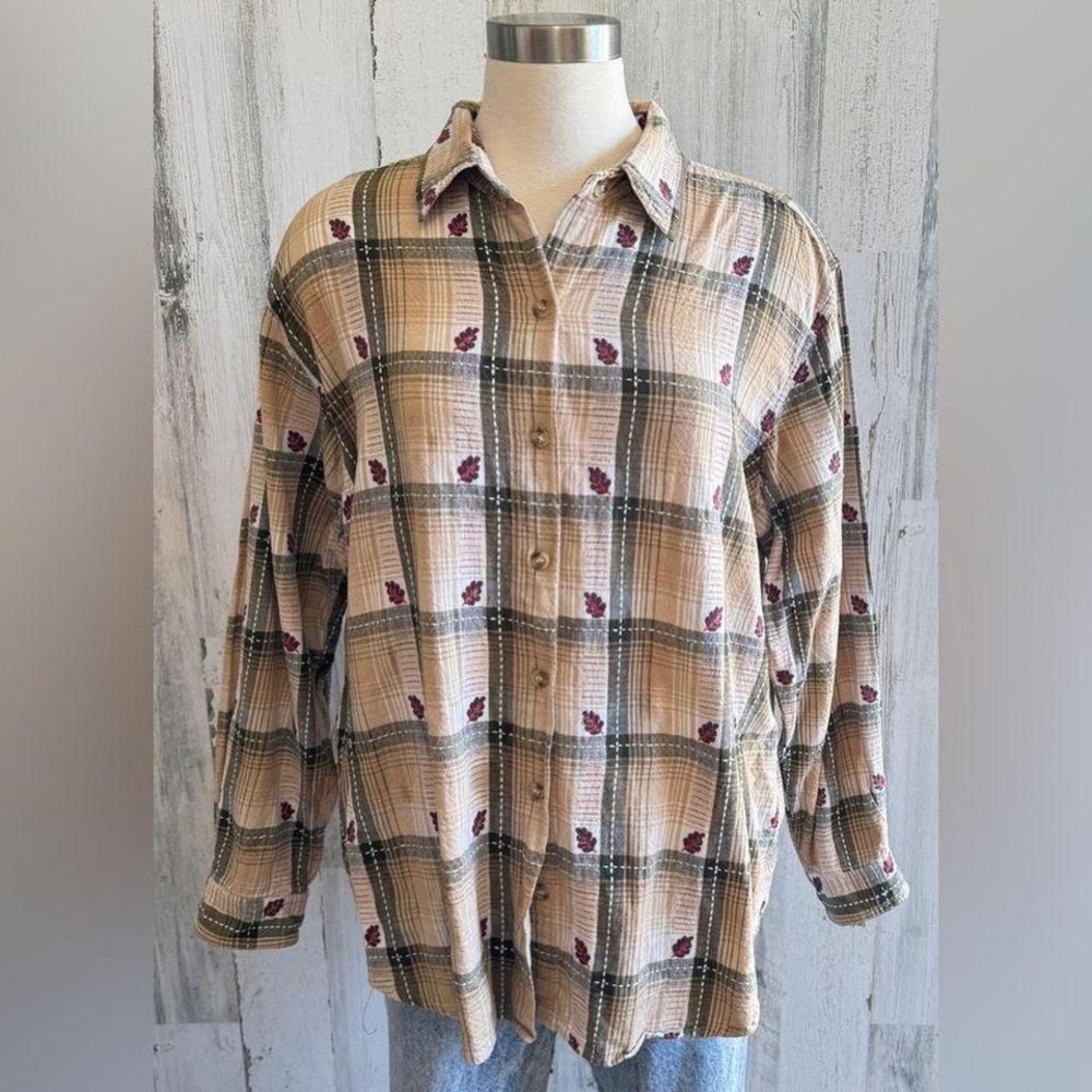 Vintage Plaid Button-Up Shirt 1X Cozy Fall Style Leaf Accents Thanksgiving - Picture 5 of 7
